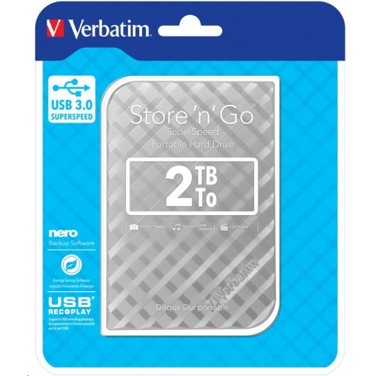 VERBATIM HDD 2.5" 2TB Store 'n' Go Portable Hard Drive USB 3.0, Silver GEN II