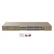 Tenda TEF1126P-24-410W - PoE AT Switch 370Watt, 24xRJ45 10/100 Mbps PoE, 2x Gigabit Uplink RJ45/SFP, Fanless, Kov