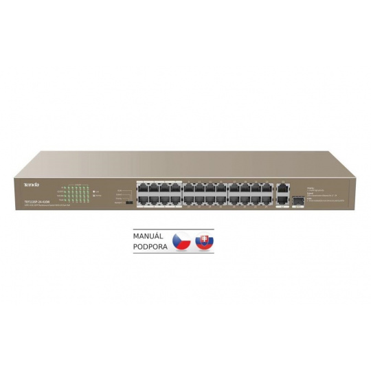 Tenda TEF1126P-24-410W - PoE AT Switch 370Watt, 24xRJ45 10/100 Mbps PoE, 2x Gigabit Uplink RJ45/SFP, Fanless, Kov