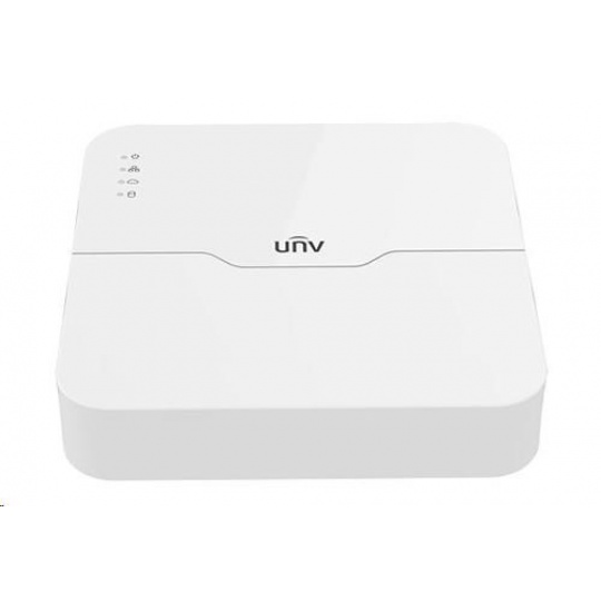 Uniview NVR, 4 kanály, 4xPoE(max.54W), H.265,1x HDD(max.6TB), propustnost 64/48Mbps, HDMI, VGA, 2x USB 2.0, audio, ONVIF
