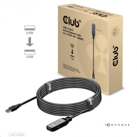 Club3D Kabel USB 3.2 Gen1 Active Repeater Cable M/F 28AWG, 5m