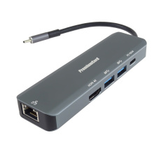 PREMIUMCORD Adaptér USB-C na Gigabit 10/100/1000Mbps + 1x HDMI,  2x USB3.2, 1x PD 100W konektor, Šedá