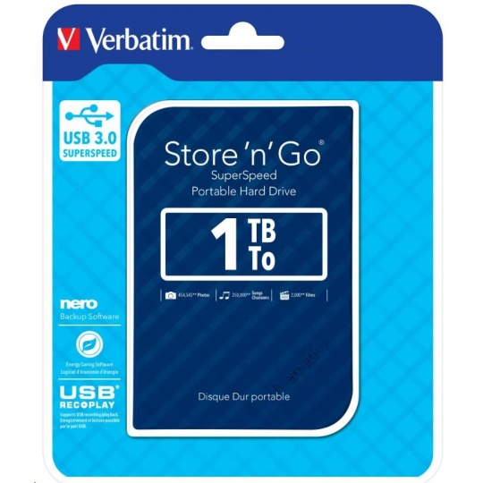 VERBATIM Externí HDD 1TB Store 'n' Go Portable Hard Drive USB 3.0, Blue GEN II