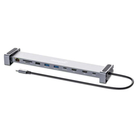 MANHATTAN Dokovací stanice USB-C 10v1, 2xHDMI, 2xUSB-C, 3xUSB, 1xRJ45, čtečka SD karet, šedá