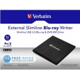 VERBATIM externí mechanika Slimline Blu-ray Rewriter USB 3.0 Zdarma BR Disc 25GB (CD DVD BD Mdisc) +NERO