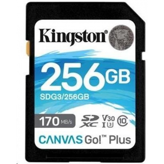 Kingston MicroSDXC karta 256GB Canvas Go! Plus, R:170/W:90MB/s, Class 10, UHS-I, U3, V30, A2
