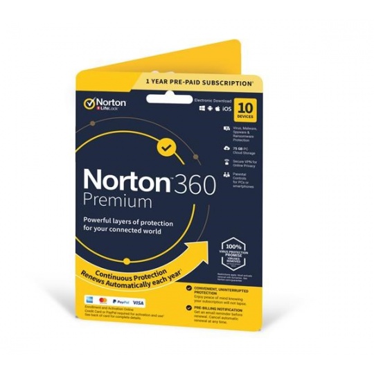 NORTON 360 PREMIUM 75GB +VPN 1 uživatel pro 10 zařízení na 1 rok ESD