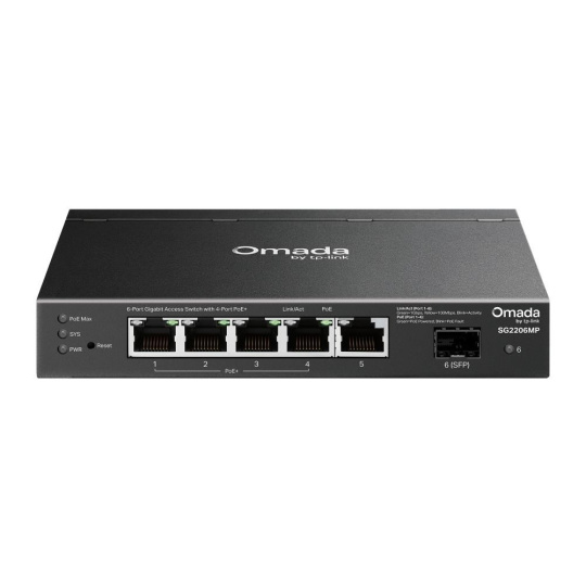 TP-Link OMADA switch SG2206MP (5xGbE,1xSFP,4xPoE+,63W,fanless) TP-Link OMADA switch SG2206MP (5xGbE,1xSFP,4xPoE+,63W,fanless)