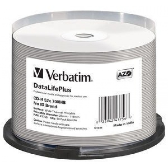 VERBATIM CD-R(50-pack) spindl, AZO 52X,700MB,WHITE WIDE THERMAL PRINTABLE SURFACE NON-ID