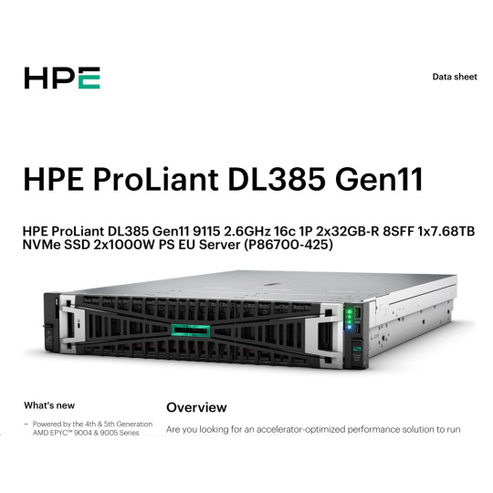 HPE PL DL385g11 AMD EPYC 9115 (2.6/16C) 2x32G (P64985) 1x7.68TB NVMe 2x1000W 8SFF 2p10GT Smart Choice