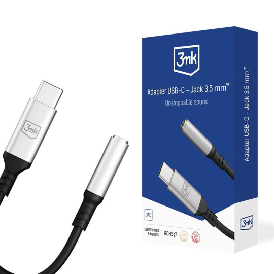 3mk adaptér USB-C/Jack 3,5mm (samice) 0,15m, černo-stříbrná