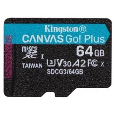 Kingston MicroSDXC karta 64GB Canvas Go! Plus, R:170/W:70MB/s, Class 10, UHS-I, U3, V30, A2 + Adaptér